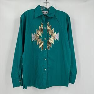 H Bar‎ C Womens Shirt Size 10 Western Rodeo Aztec Metallic Snap Cowgirl Vintage